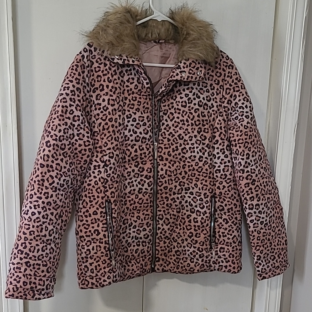 Leopard Print Faux Fur Trim Jacket